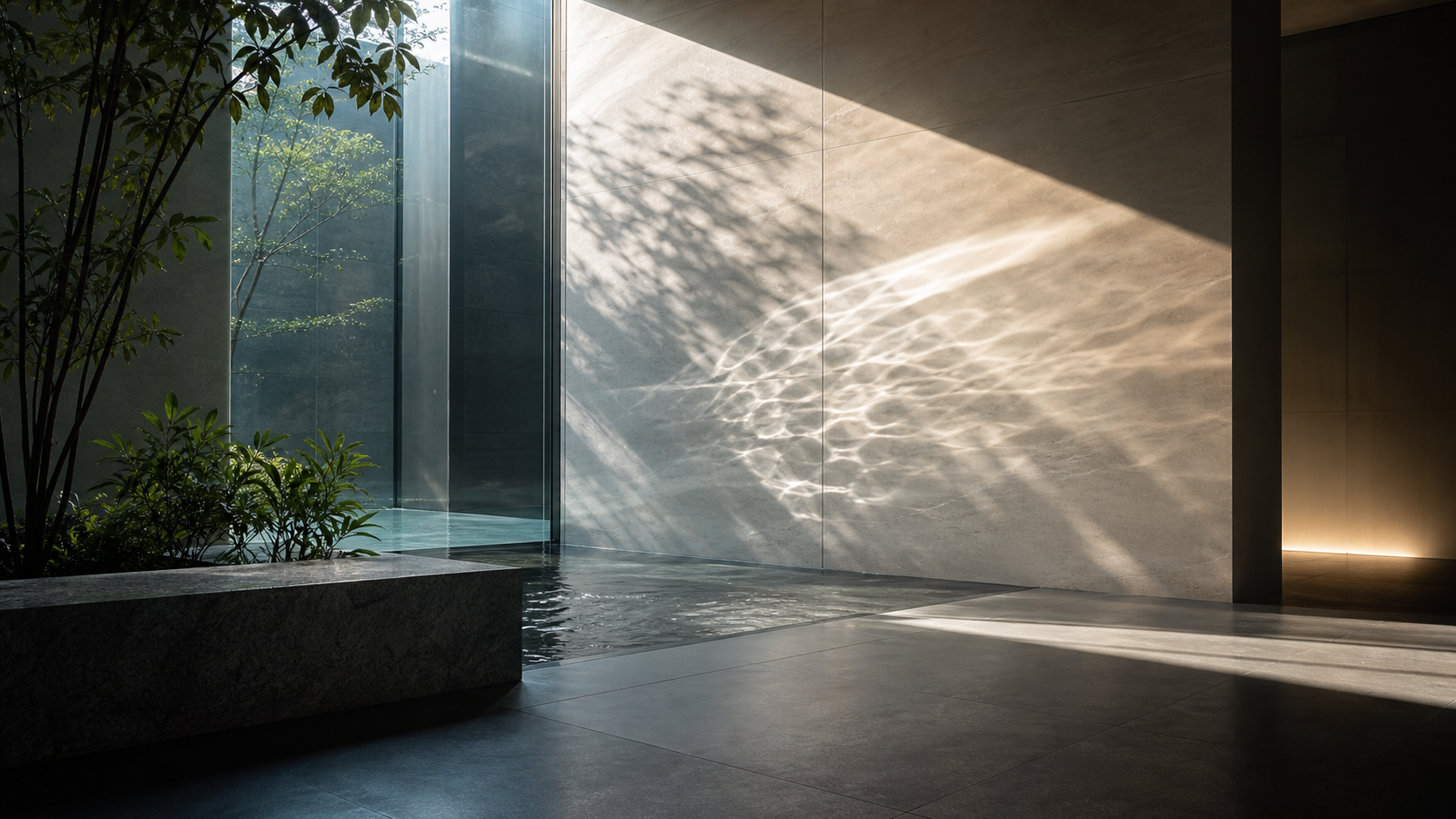 Morning light refracting across glass, water, stone, and plants